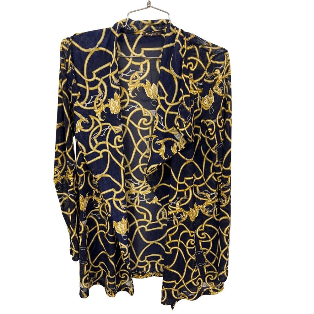 JMcLaughlin Status Print Open Front Blazer Jacket Small Blue Equestrian Chain
